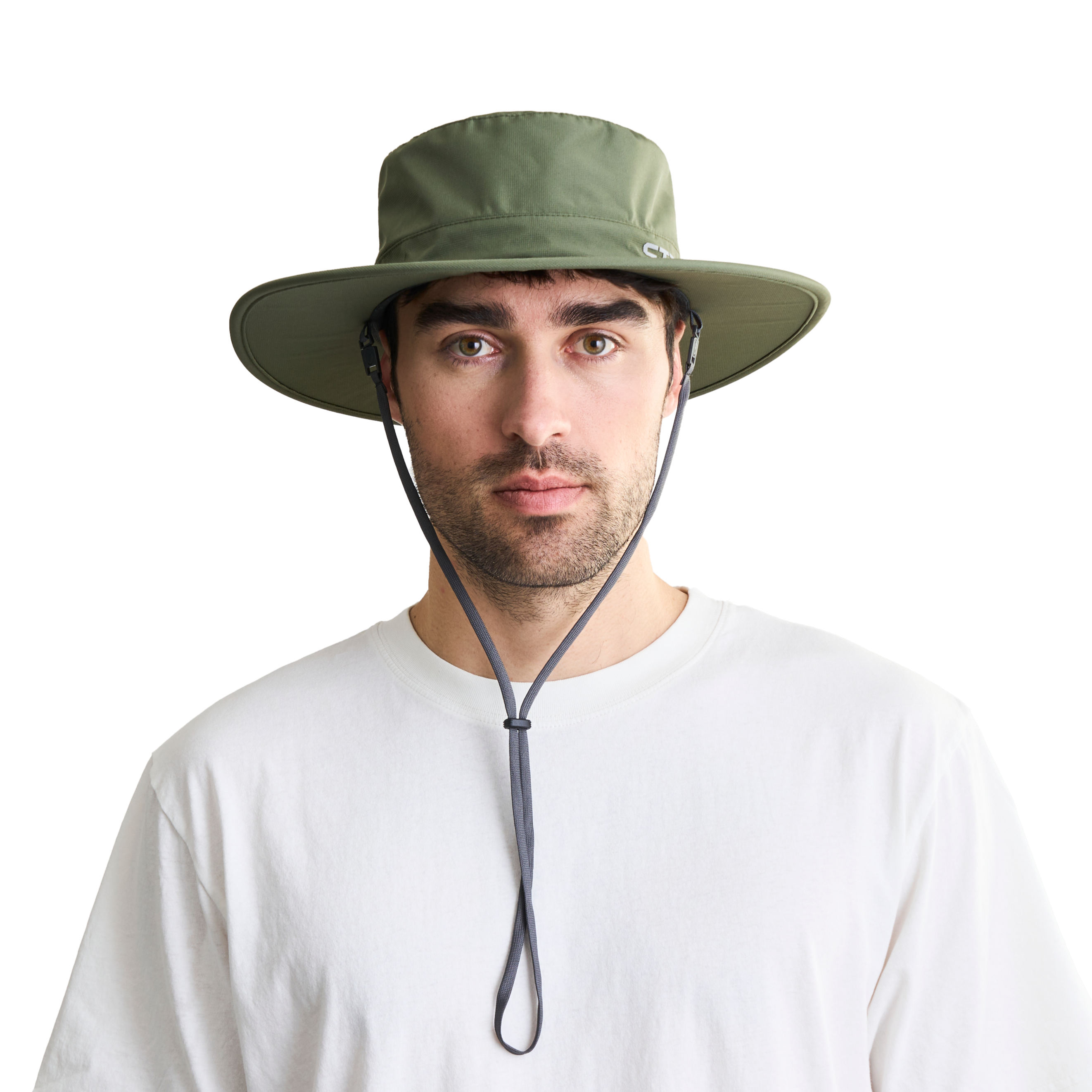 Man wearing a green bucket hat with a white background