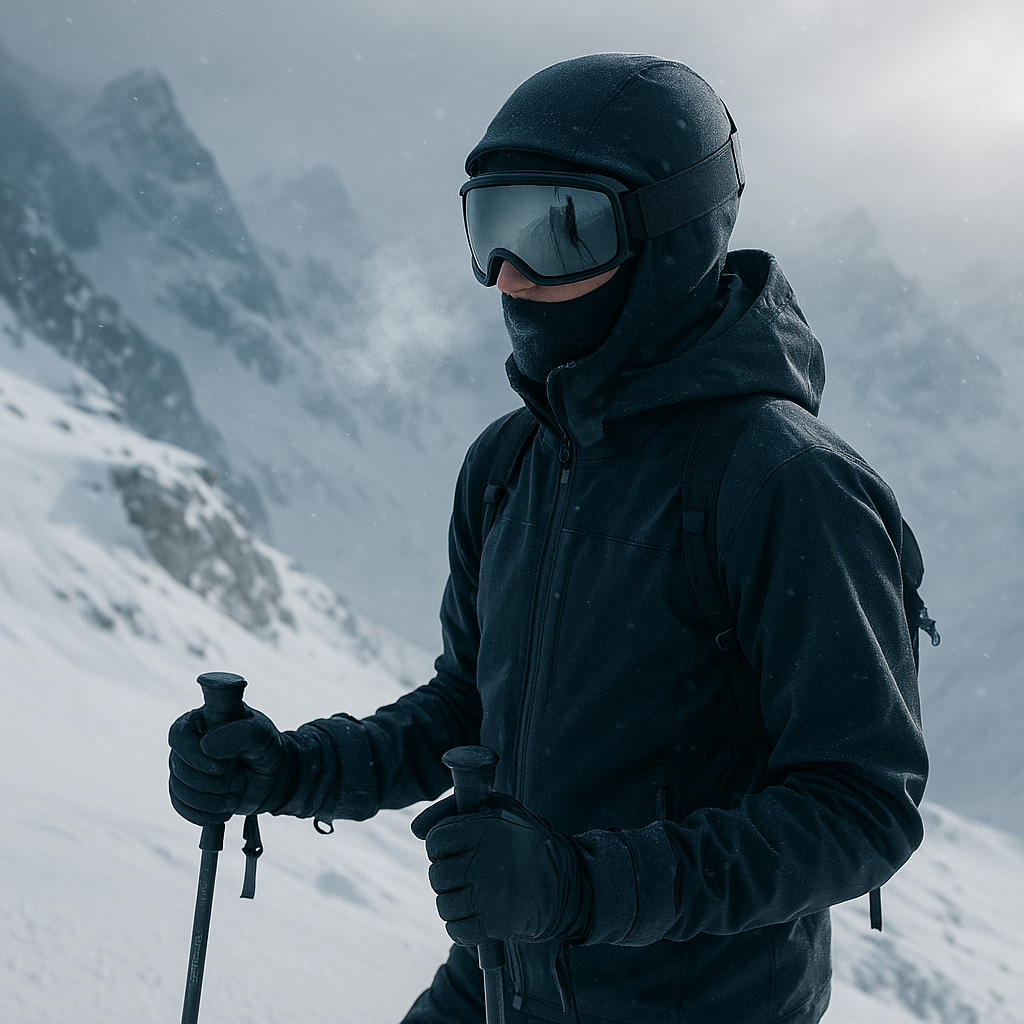 Person in CTR headwear and ski gear on a snowy mountain
