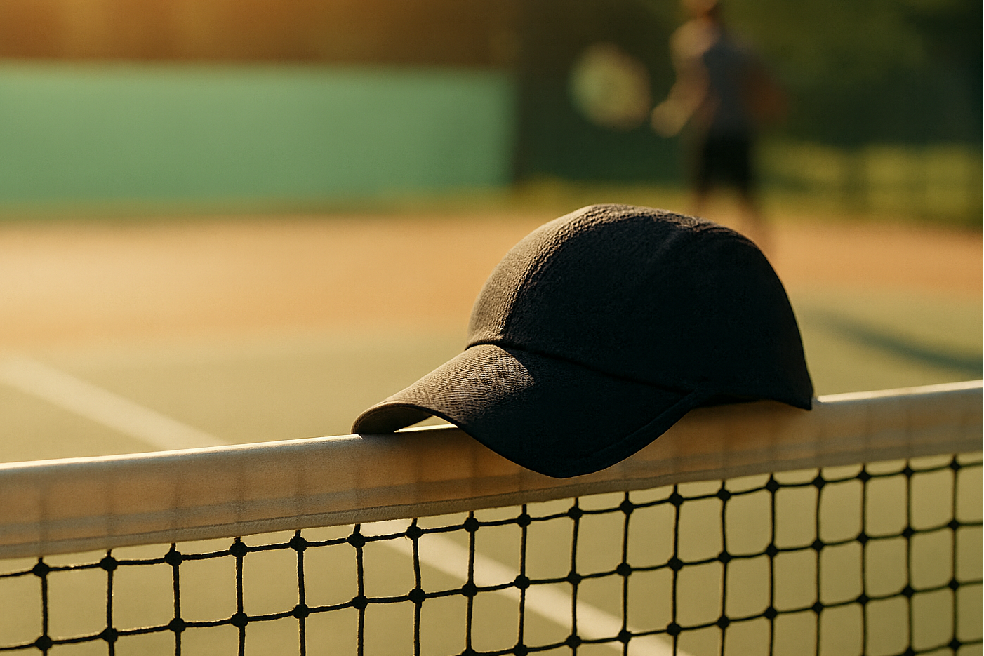 Black cap on a tennis net with a blurred background of a tennis court