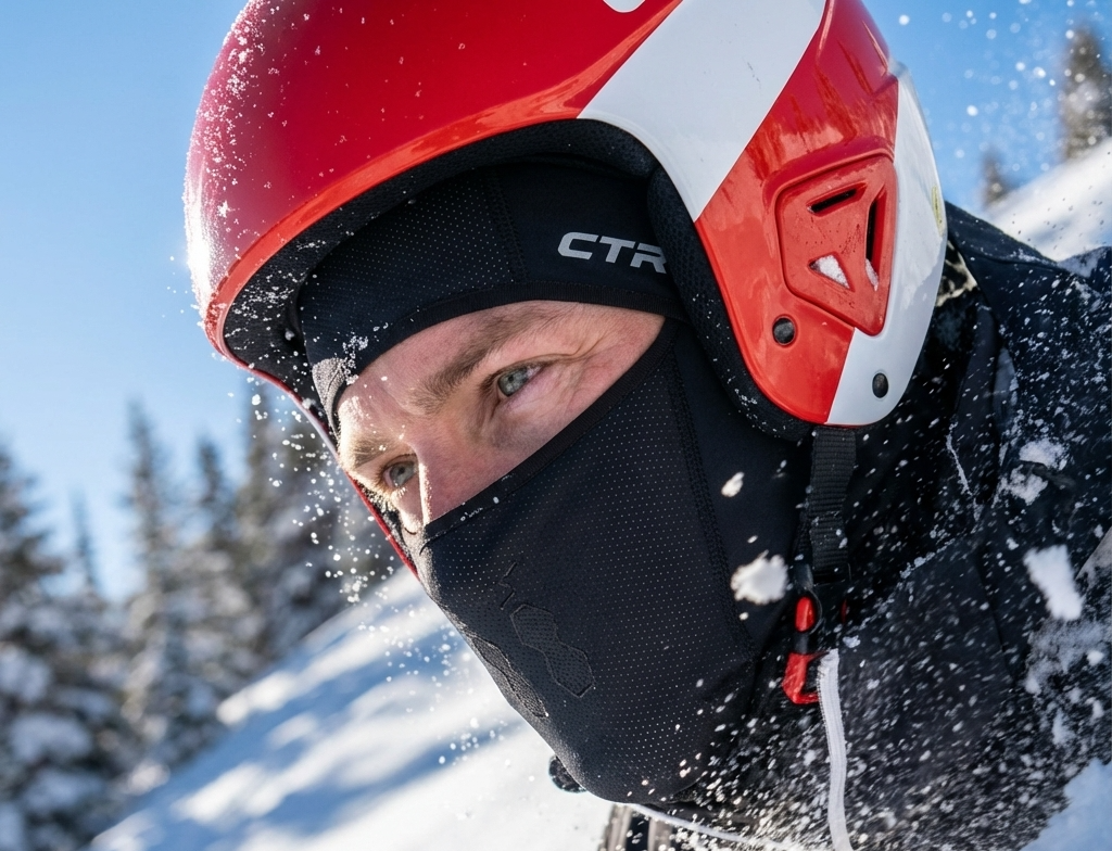 Person wearing a red and white helmet with a black face mask in a snowy landscape