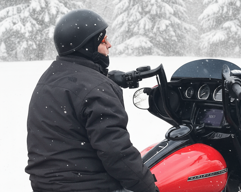 Person on a red Harley-Davidson motorcycle wearing a helmet and a CTR Outdoors balaclava in a snowy landscape